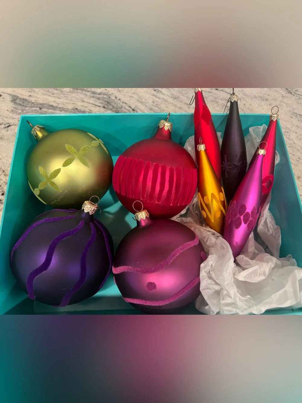 Jewel Tone Flocked Hand Crafted Glass Christmas Ornaments Set of 9